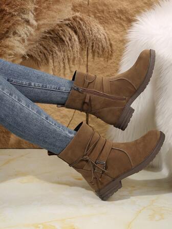 Women's Brown Fashionable Short Lace-Up Leather Belt Buckle Decor Side Zipper Ankle Boots, For Autumn/Winter