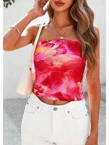 Tops tubo sin tirantes para mujeres, tops cortos con diseño floral de malla estilo Y2K para atuendos de salida en verano 2025 - Rosa Fucsia - Ver 6