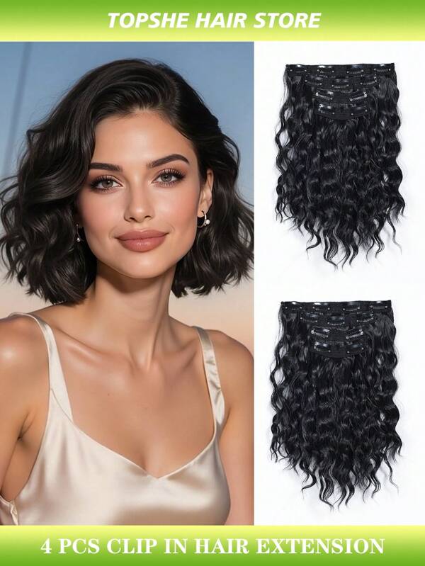4 PCS Short Water Wave Curly Fluffy Hair Extensions Clip-In Hair Pieces To Add Volume And Length, Suitable For Daily Wear, Synthetic Hair Extensions For Women