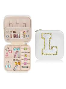 1pc Portable Travel Jewelry Box, Custom Lettered (A-Z) Organizer, Multi-Layer Jewelry Case With Mirror And Makeup Brush Holder, Suitable For Rings, Necklaces For Women Storage Organizer Travel Essentials Back To School Dormitory Storage