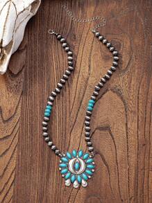 1 pieza Collar con colgante de cruz de piedra de turquesa azul y perlas falsas, collares occidentales joyería para mujer