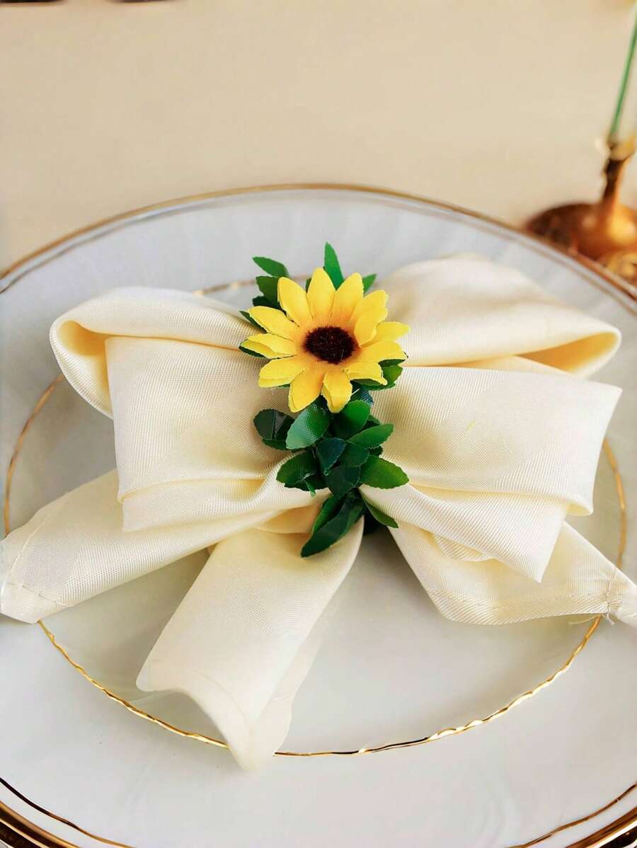 2pcs/6pcs/12pcs/Pack Sunflower & Leaf Evergreen Vine Napkin Rings, Decorative Napkin Rings Suitable For Birthday, Farm, Wedding, Restaurant, Hotel, Valentine's Day, Banquet, Buffet Table Decor, Party Supplies, Home & Kitchen Table Decor