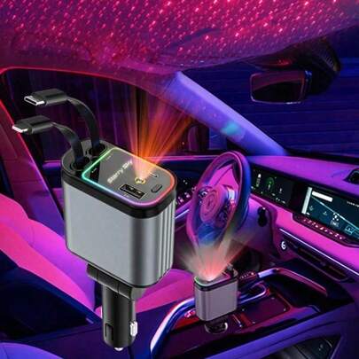 W&O [Modern Car Excellent Choice] W&O 7-Color Ambient Light And Red Starry Sky Projector Light Retractable Car Charger, Presenting A Romantic In-Car Atmosphere, 4-In-1 Fast Phone Charger, Dual Retractable Charging Cables, Dual Charging Ports, Fast Charging, Beautify Your Car, Compatible With IPhone 16-11 Series, Android S25/S24/S23 Ultra, Pixel Etc., Gift For Car Owners, Enhance Driving Experience