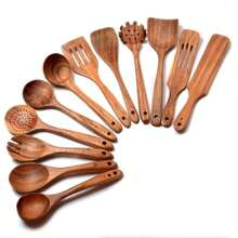 SHEIN X Heather Rae 5 Pieces Wooden Kitchen Utensil Set, Wooden Spoon For Cooking, Wooden Cooking Utensils, Natural Teak Wooden Spoon For Nonstick Pans