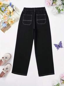Women's Fashionable Wide Leg Elastic Waist Jeans, Versatile Street Style Denim Pants