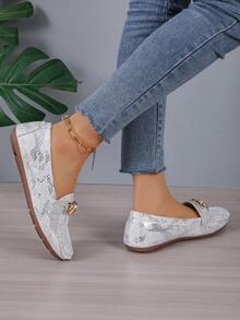 Women's Spring & Autumn New Snake Skin Rhinestone Gold Chain Flat Loafers, Fashionable Casual Versatile - Silver - View 6