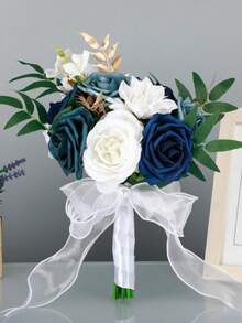 1pc Gorgeous Color Block Design Wedding Bouquet, Bride/Bridesmaid Handheld Flower, Roses With Ribbons & Lace Valentine's Day Accessories - White - View 6