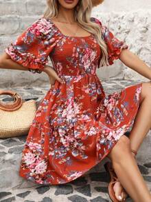2025Women's Floral Print Ruffle Hem Vintage Dress, Casual Boho Breathable Flounce Sleeve Shirred A Line Dress, Summer Dresses, Homecoming Dresses, Ladies Clothes For Beach Holiday Wedding Guest Fall Wedding Guest Dress, Feminine Moo Moo Dresses, Womenswear