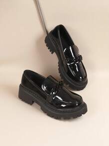 Mädchen Retro Schleifen Ballerinas - atmungsaktive Loafers mit dicker gepolsterter Sohle, runde Zehenform bequeme Flats in Schwarz