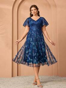 Mgiacy, nuevo lanzamiento, vestido de noche elegante con escote en V, malla estampada, mangas cortas, lazo, vuelo amplio, para cena o fiesta