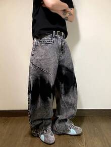 1pc Justice Brother American Style Patchwork Men's Distressed Denim Jeans, Streetwear Personalized Wide Leg Loose Fit Long Pants - Grey - View 7