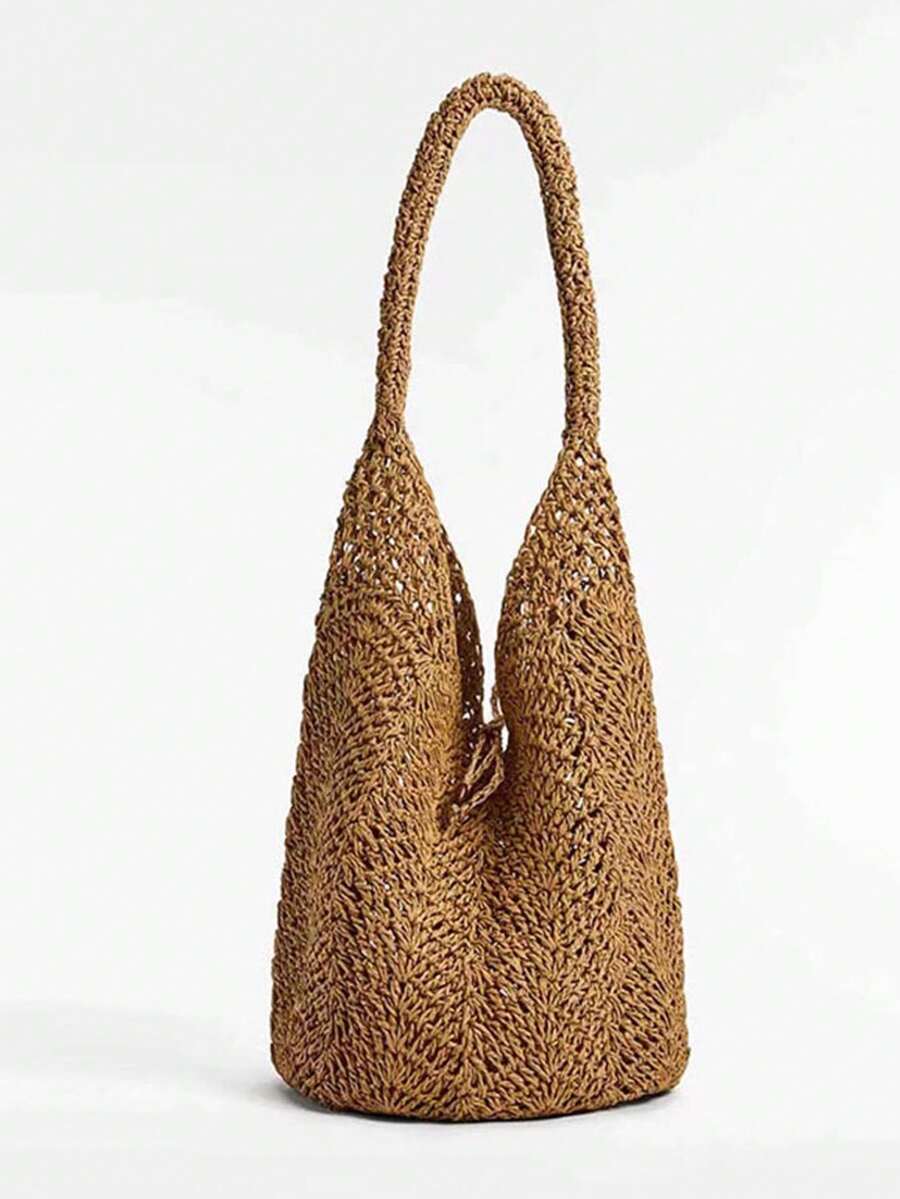 Single Shoulder Straw Bag Niche Design Handbag Summer Beach Bag - Coffee - View 1