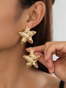 1 Par de Aretes Plegables de Piedra Volcánica y Pez Dorado, Estilo de Playa y Vacaciones de Verano, Apropiado para Viajar/Vacaciones/Uso Diario