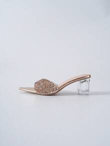 Women's Fashionable Crystal Chunky Heeled Mules Sandals, Easy-Matching, Open-Toed, Charming And Shiny, Perfect For Parties. Classic And Luxurious Champagne Color Valentines Winter Gifts - Champagne - View 3