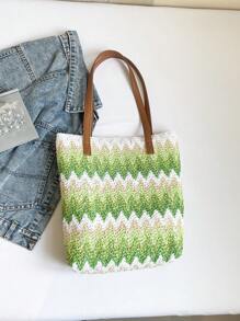 New Straw Woven Bag, Women's Large Capacity Shopping Tote Bag, Striped Letter Beach Bag, Embroidery Leisure Travel Lightweight Handbag
