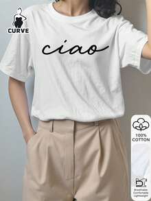Camiseta Casual de Talla Grande para Mujer con Estampado de Letras Ciao, 100% Algodón, Manga Corta, Camiseta Gráfica, Tela Suave, Ropa de Algodón, Ropa para Exteriores, Estampado, Camiseta d - Blanco - Ver 3