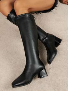 2025 年秋冬女士优雅纯色黑色时尚靴子，搭配开衫时尚搭配毛衣经典款式，方头和粗跟 - 黑色 - 查看 3