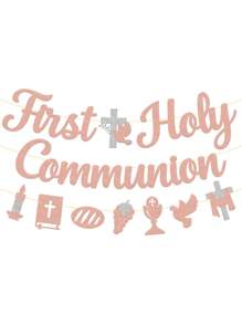 3pcs First Communion Banner, Baptism Religious Cross God Bless Christening Symbol Party Decorations, Shower Party Supplies