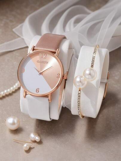 مجموعة ساعة كوارتز وأساور لسيدات مكونة من 2 قطع، من السير الجلدية (بي يو)، ينبوعية وإكليل من الراين، هدية مثالية