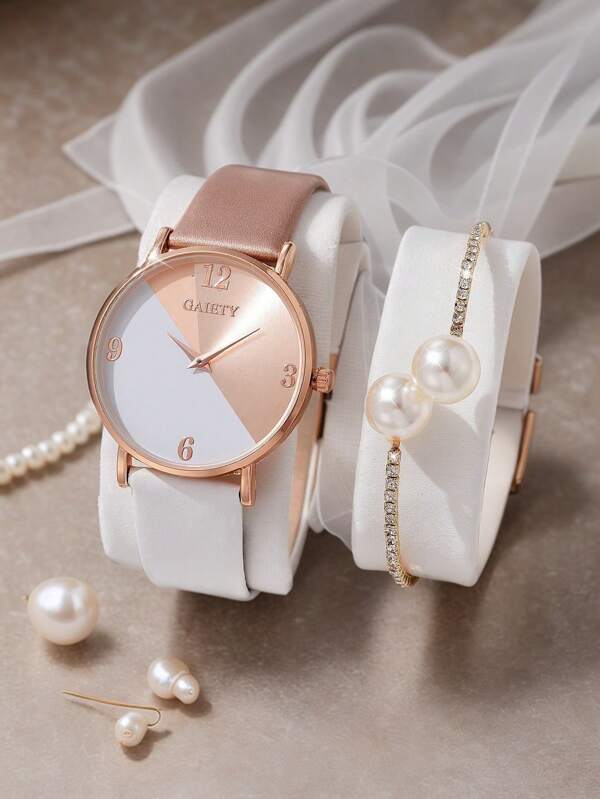 2 Peças De Relógio Feminino De Pu Com Pulseira De Quartzo E Pérolas, Conjunto De Pulseiras Com Strass, Melhor Presente