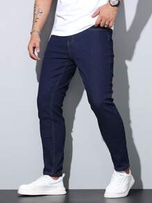 1 pieza Jeans de ajuste ceñido y elástico para hombres, pantalones casuales estilo coreano ajustados