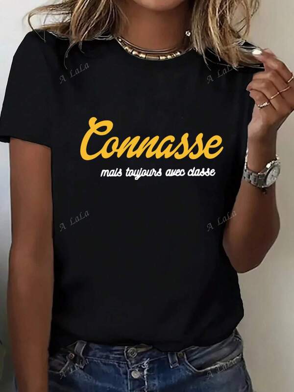 Normale dames Grote maten Effen ronde hals Grafische T-shirts Alfabet "Connasse Mais Toujours Avec Classe" Franse slogan Print Zwart Grote maten T-shirt