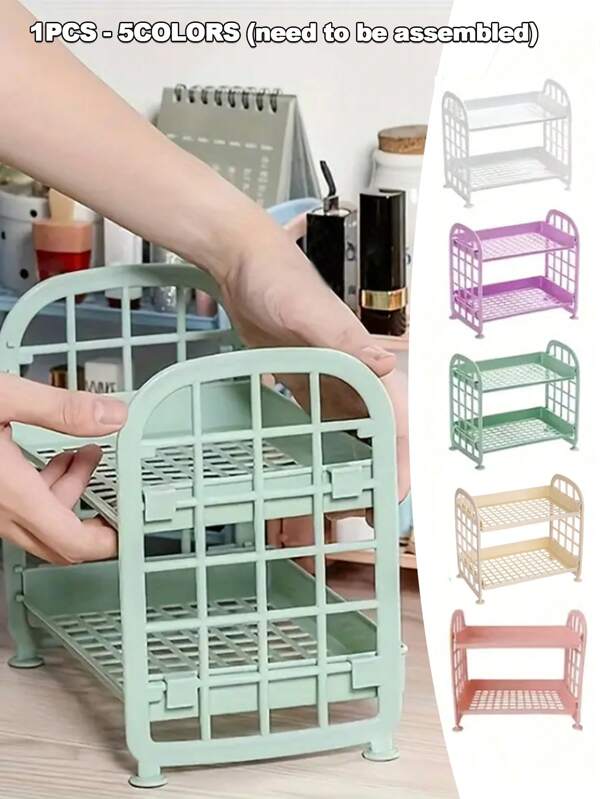 Double Layer Desktop Organizer Storage Rack, Removable Folding Cosmetic Jewelry Storage Rack Storage Box, Stylish And Simple Bathroom Shelf White Pink Green Beige Purple, Suitable For Home, Bedroom, Office, Bathroom, School, Dormitory, Kitchen
