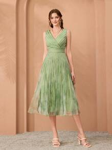 Mgiacyv Neck Printed Net Pull Cord High-End Evening Dress