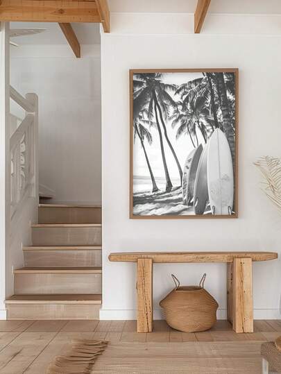 1pc Premium Black & White Palm Tree Surfboard Wall Art Tropical Beach Scene Print, Frameless Canvas Poster For Bedroom/Living Room/Dorm, Perfect Vacation Travel & Beach Graduation Gift, Funkyposters Wall Prints (Surf Decor)