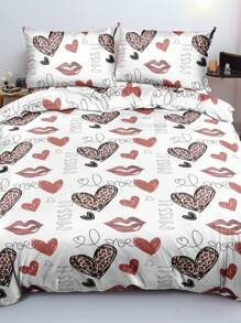 3pcs Set Minimalist Brushed Leopard & Heart Print Duvet Cover Set (1 Duvet Cover + 2 Pillowcases, Without Insert), Soft & Comfortable, Machine Washable, Suitable For Bedroom, Dorm, Hotel, Bedding Decor