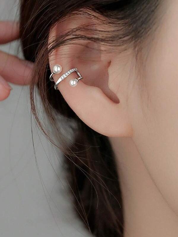 1 Pair Minimalist Fashionable Dual-Layer Zirconia Pearl Clip-On Earrings, Geometric Ear Cuff Non-Pierced High-End Design, Versatile Elegant Style Earrings For Women, Suitable For Everyday Wear, Summer And Beach