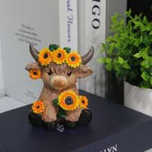 وعاء زهور على شكل ماشية عالية البر من الراتنج، نحت راتينجي لماشية الهضبة الأسكتلندية بزهور عباد الشمس للربيع، زوج من البقر المصغر، هدية ديكور مكتب أو منزل لحديقة الصيف متعدد الطبقات، مجموعة زوجين بنمطين مختلفين