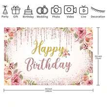 1件装生日快乐背景装饰，适用于女性派对背景用品，玫瑰背景摄影，生日花卉闪光横幅，婚礼迎婴派对装饰（玫瑰金） - 彩色 - 查看 9