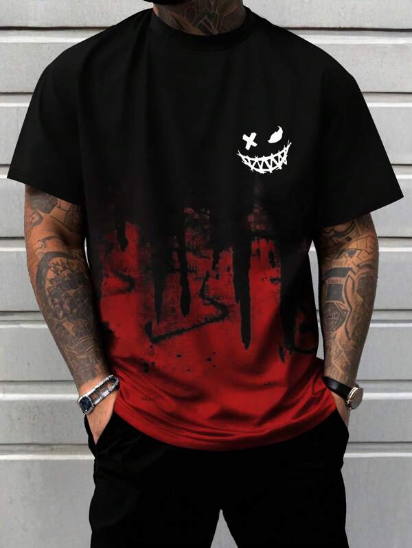 Plus Size Men's Gothic Smiling Face Color Block Short Sleeve Round Neck T-Shirt, Summer
