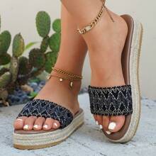Plus Size Thick Sole Wedge Slippers For Women, Cross-Border Mid Heel Linen Straw Woven Flat Sandals, Bohemian Ribbons, Women Casual Beach Vacation Holiday Wedding Party Outdoor Sandals, Summer
