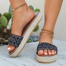 Plus Size Thick Sole Wedge Slippers For Women, Cross-Border Mid Heel Linen Straw Woven Flat Sandals, Bohemian Ribbons, Women Casual Beach Vacation Holiday Wedding Party Outdoor Sandals, Summer
