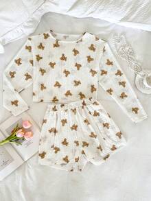 Nina Bonheur 2pcs Women Comfortable Hollow Bear Print Long Sleeve Sleepwear Set , Crew Neck Top And Side Slit Shorts Homewear, Cozy Outfit, Fall Winter Clothes - White - View 8