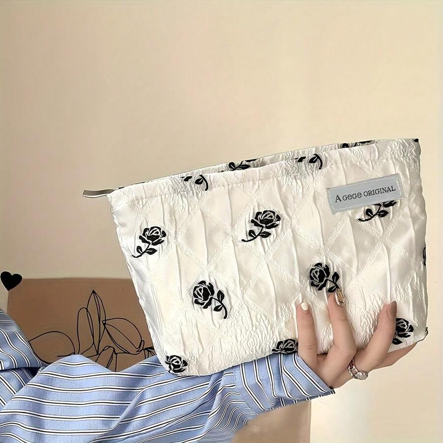 Rose Flower Print Cosmetic Bag, Large Capacity Portable Fresh Floral Patterned Toiletry Organizer, Textured Makeup Pouch