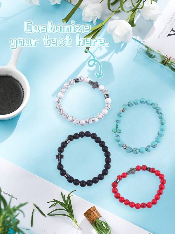 1 pulsera de piedras naturales con nombre personalizable, colgante de cruz y tarjeta inspiradora cristiana - Regalo religioso elegante, adecuado para uso diario de mujeres o como regalo del Día del Padre
