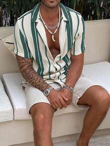 2025 Men's Comfortable Casual Vacation Striped Color Block Short Sleeve Shirt, Spring/Summer - Green - View 2