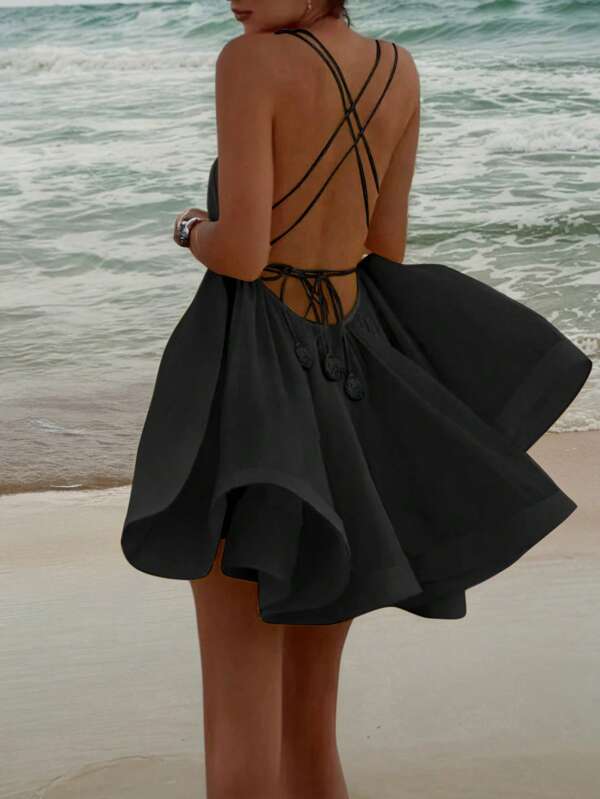 Vestido curto sexy com costas nuas e corte A, vestido amarelo-manteiga com alças finas, adequado para férias, festa de volta às aulas, baile de formatura, fantasias de Halloween #GalaNight