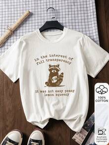 Women's Loose T-Shirt, Raccoon Letter Print, 100% Cotton White Short Sleeve, Graphic Tee, Suitable For Chinese New Year, Spring Festival, Year Of The Horse, New Year, Valentine's Day, Valentine's Day Gift, Back To School Clothes, School Outfit Ideas, Back To School Essentials, First Day Of School Outfit, Back To School Outfits 2026 - White - View 1