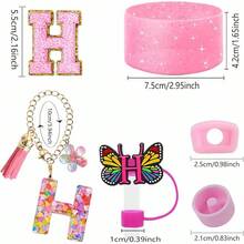 Set de 6 accesorios para taza de 30oz y 40oz, compatible con los encantos de letras para asa de taza , con funda de silicona, tapa de pajita y pegatina (Letra S) - Letra H - Ver 3