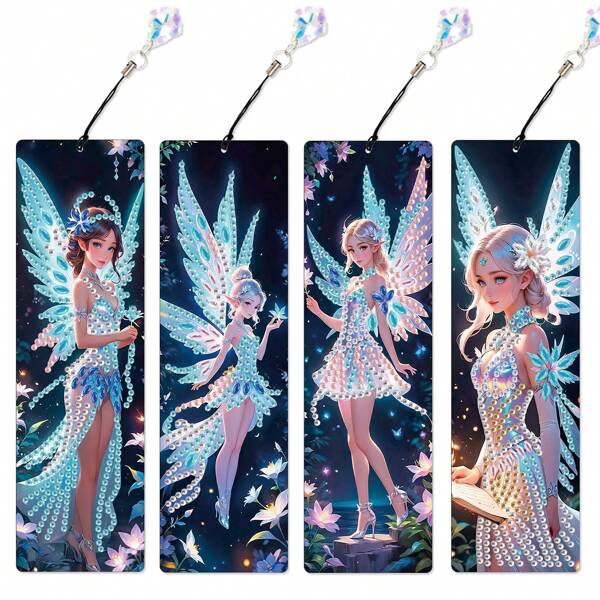 4 Packungen Diamant-Malerei Lesezeichen-Sets mit Blumen-Fee, speziell geformte Diamant-Kunst Lesezeichen mit Anhänger, DIY Handwerks-Heimbedarfsartikel Büro, perfektes Geschenk für Buchliebhaber