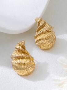 1 Pair Minimalist Seashell Textured Stud Earrings, Suitable For Beach Vacation/Daily Wear, Gold Jewelry