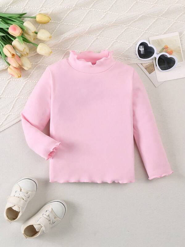 Camiseta de manga larga con cuello de volantes lisos y dulces para niñas pequeñas, adecuada para uso casual diario o para capas, otoño/invierno