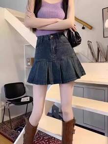 ヴィンテージ ハイウエスト プリーツ デニムハーフスカート、女性向け夏の新作 お腹を隠して見た目痩せる デザイン性のあるAラインヒップアップミニスカート - レトロブルー - チェックする 7