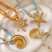 1pc Multi-Layer Colorful Thick Rope Starfish & Seashell Stainless Steel Necklace, Suitable For Women's Daily Vacation Wear