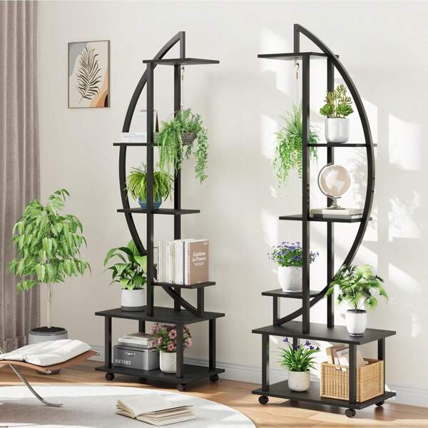 Supporto per piante da interno a 6 ripiani, supporto per piante alto in metallo con ruote rimovibili, supporto per piante a mezzaluna con cassetti, grande supporto per piante per casa, patio, prato, giardino, balcone, confezione da 2, nero