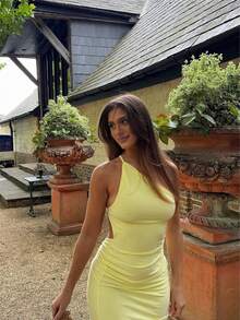 女士针织双层衬里露背系带性感休闲春夏连衣裙 - 黃色 - 查看 3